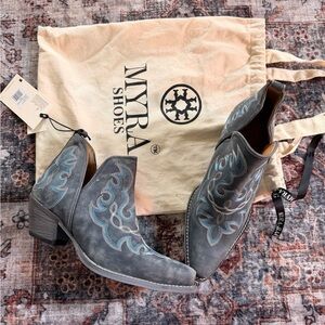 Myra Shoes Maisie Blue Embroidered Ankle Boots